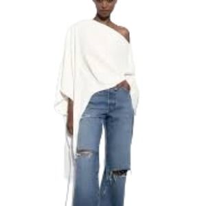 Zara White Asymmetrical Blouse with Flowing Design